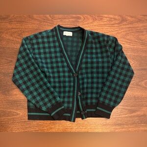 Marled Green and Black Checkered Men's Cardigan Sweater